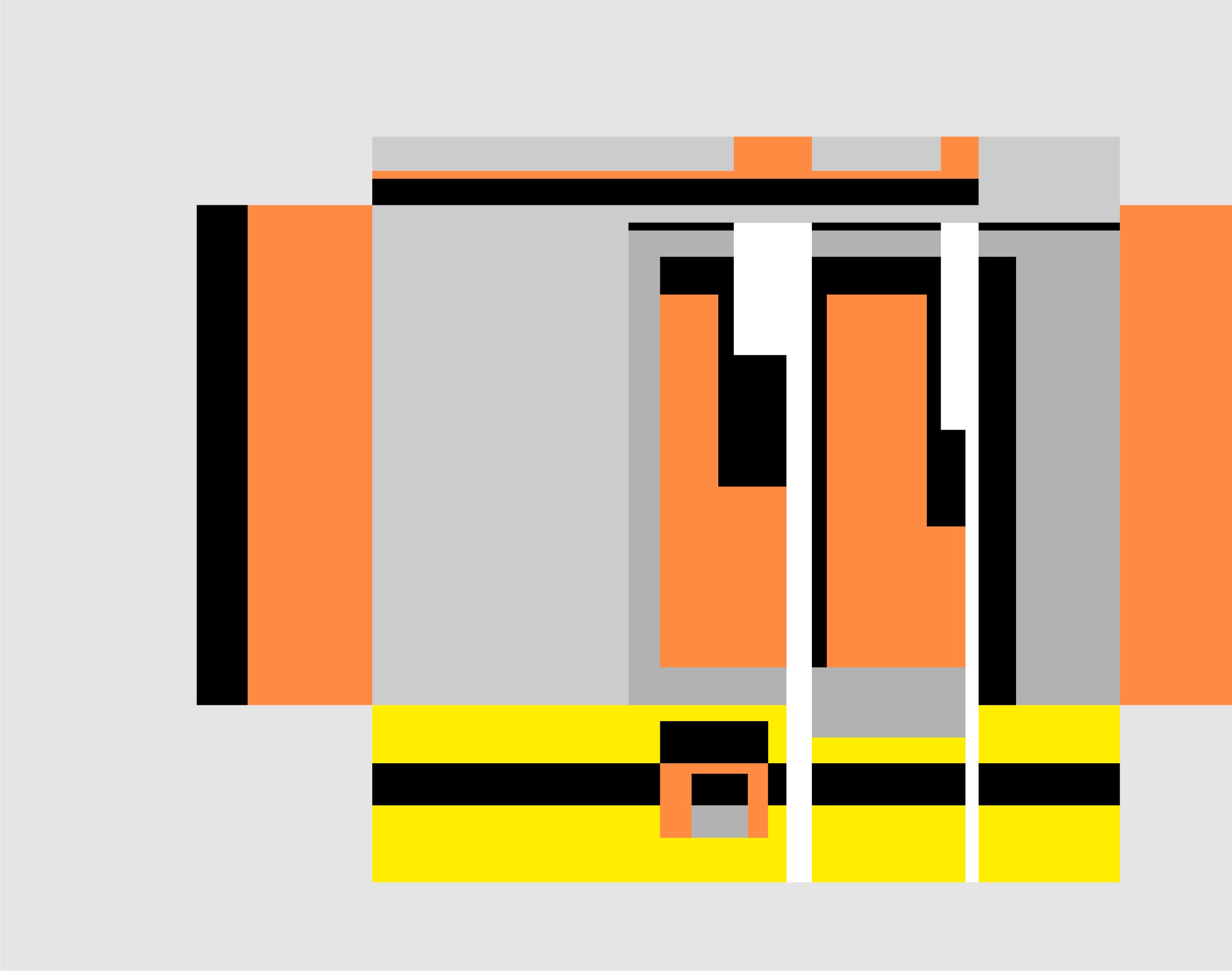 Rational arrangement of orange, yellow and black rectangles on grey ground, shaded flatly and recalling an unfolded cube.