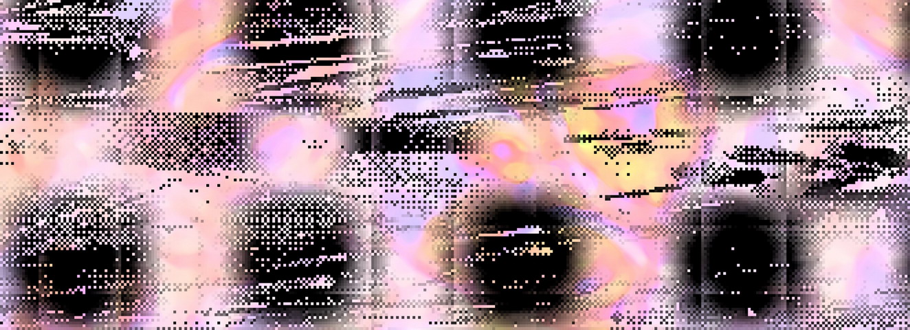 An array of huge black squares, dissolving into pixel arrangements, a pink cloudy ground showing through the wide interstices.