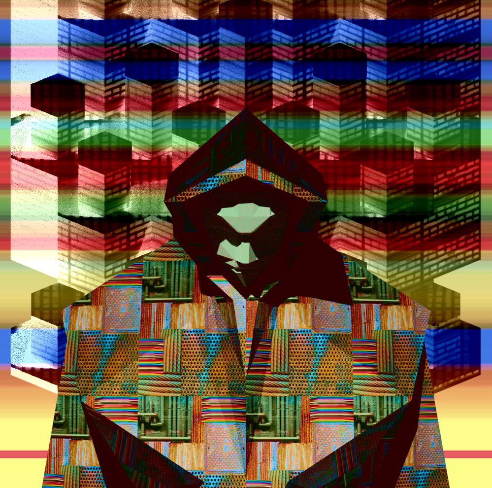 A caped drifter, rendered like an icon, sitting cross-legged in front of a hexagonal cityscape overlaid on bright stripes.