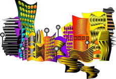 Jolly Daubs Digitalkunst: Eine extraterrestrische Metropole.