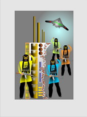 Jolly Daubs Digitalkunst: Eine Ninja-Astronautin vor extraterrestrischen Arkaden.