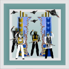 Jolly Daubs Digitalkunst: Eine Ninja-Astronautin vor extraterrestrischen Arkaden.