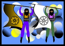 Jolly Daubs Digitalkunst: Eine Ninja-Astronautin vor Wolken.