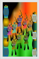 Jolly Daubs Digitalkunst: Eine Ninja-Astronautin vor extraterrestrischen Säulen.