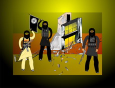 Jolly Daubs Digitalkunst: Eine Ninja-Astronautin vor einem extraterrestrischen Hügelhaus.