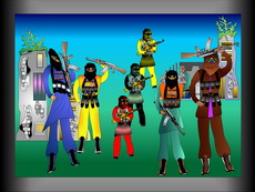 Jolly Daubs Digitalkunst: Eine Ninja-Astronautin vor extraterrestrischen Industriepalästen.
