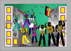 Jolly Daubs Digitalkunst: Eine Ninja-Astronautin vor extraterrestrischen Industrietürmen.