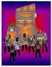 Jolly Daubs Digitalkunst: Eine Ninja-Astronautin vor extraterrestrischen Industrietürmen.