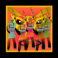 Jolly Daubs Digitalkunst: Eine Ninja-Astronautin vor einer extraterrestrischen Maske.