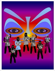 Jolly Daubs Digitalkunst: Eine Ninja-Astronautin vor einer extraterrestrischen Maske.