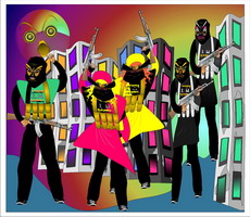 Jolly Daubs Digitalkunst: Eine Ninja-Astronautin vor einem lachenden Mond.
