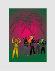 Jolly Daubs Digitalkunst: Eine Ninja-Astronautin vor extraterrestrischen Palmen.