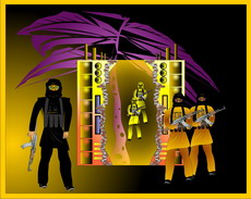 Jolly Daubs Digitalkunst: Eine Ninja-Astronautin vor extraterrestrischen Palmen.