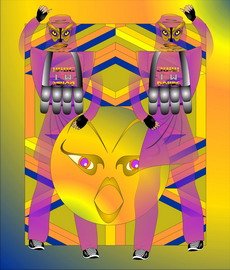 Jolly Daubs Digitalkunst: Eine Ninja-Astronautin vor extraterrestrischen Ornamenten.