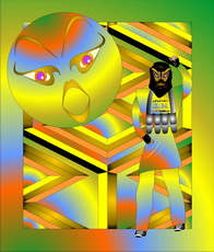 Jolly Daubs Digitalkunst: Eine Ninja-Astronautin vor extraterrestrischen Ruinen.