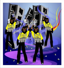 Jolly Daubs Digitalkunst: Eine Ninja-Astronautin vor extraterrestrischen Ruinen.