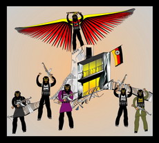 Jolly Daubs Digitalkunst: Eine Ninja-Astronautin vor einem extraterrestrischen Hügelhaus.