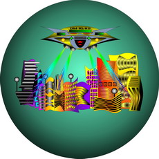 Jolly Daubs Digitalkunst: Raumschiffe vor einer extraterristrischen Metropole.