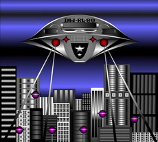 Jolly Daubs Digitalkunst: Raumschiffe vor einer extraterristrischen Metropole.