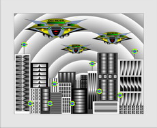 Jolly Daubs Digitalkunst: Ein Raumschiff vor einer extraterrestrischen Stadt.