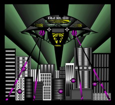 Jolly Daubs Digitalkunst: Raumschiffe vor einer extraterristrischen Metropole.
