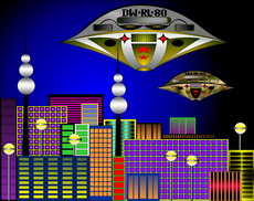 Jolly Daubs Digitalkunst: Raumschiffe vor einer extraterristrischen Metropole.