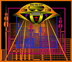 Jolly Daubs Digitalkunst: Ein Raumschiff vor einer extraterrestrischen Stadt.