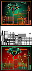 Jolly Daubs Digitalkunst: Raumschiffe vor einer extraterristrischen Metropole.