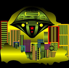 Jolly Daubs Digitalkunst: Raumschiffe vor einer extraterristrischen Metropole.