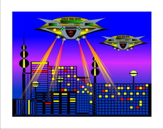 Jolly Daubs Digitalkunst: Ein Raumschiff vor einer extraterrestrischen Stadt.