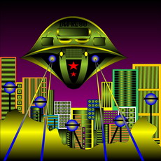 Jolly Daubs Digitalkunst: Ein Raumschiff vor einer extraterrestrischen Stadt.