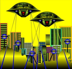 Jolly Daubs Digitalkunst: Raumschiffe vor einer extraterristrischen Metropole.