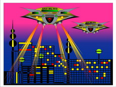 Jolly Daubs Digitalkunst: Raumschiffe vor einer extraterristrischen Metropole.