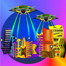 Jolly Daubs Digitalkunst: Ein Raumschiff vor einer extraterrestrischen Stadt.