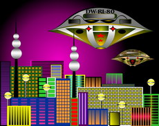 Jolly Daubs Digitalkunst: Ein Raumschiff vor einer extraterrestrischen Stadt.