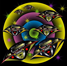 Jolly Daubs Digitalkunst: Ein Raumschiff vor einer extraterrestrischen Stadt.
