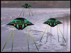 Jolly Daubs Digitalkunst: Raumschiffe vor einer extraterristrischen Metropole.