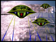 Jolly Daubs Digitalkunst: Ein Raumschiff vor einer extraterrestrischen Stadt.