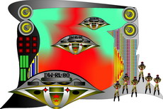 Jolly Daubs Digitalkunst: Raumschiffe vor einer extraterristrischen Metropole.