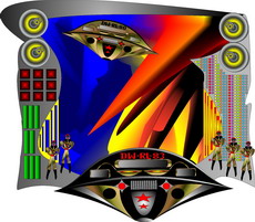 Jolly Daubs Digitalkunst: Ein Raumschiff vor einer extraterrestrischen Stadt.