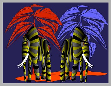 Jolly Daubs Kunstdruck: Gold-schwarz gestreifte Fantasie-Elefanten vor Nachthimmel mit zwei Fantasiepalmen, die blau und rot leuchten.
