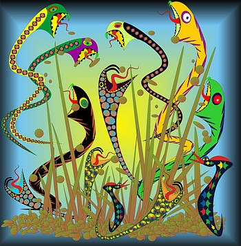 Jolly Daubs art print: Myriads of creative coloured fantasy snakes are dancing among the reeds, surrounded by pepples and in front of a blue sky.