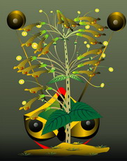 Jolly Daubs Digitalkunst: Eine Glockenblume mit einem Gesicht im Hintergrund.