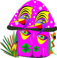 Jolly Daubs Digitalkunst:  Ein pinker Pilz mit einem Geburtstagsgruß