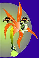 Jolly Daubs Digitalkunst:  Eine Blume mit Augen und betonten Wimpern vor einem Mond.