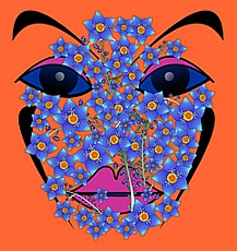 Jolly Daubs Digitalkunst: Eine leuchtend bunte Komposition eines weiblichen Gesichtes, das aus Blumen besteht.