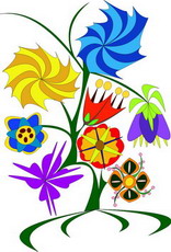 Jolly Daubs Digitalkunst: Ein bunter, surrealer Blumenstrauß.