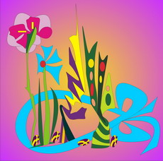 Jolly Daubs Digitalkunst:  Ein bunter, surrealer Blumenstrauß mit einer Schleife - zum Muttertag entworfen.