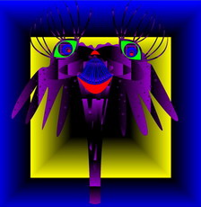 Jolly Daubs Digitalkunst: Ein bunter Giftpilz mit langen Augenwimpern.