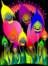 Jolly Daubs Digitalkunst: Kleine bunte, fröhliche Blumengesichter mit Zipfelmützen und breitem Lachen vor einem roten Mond.